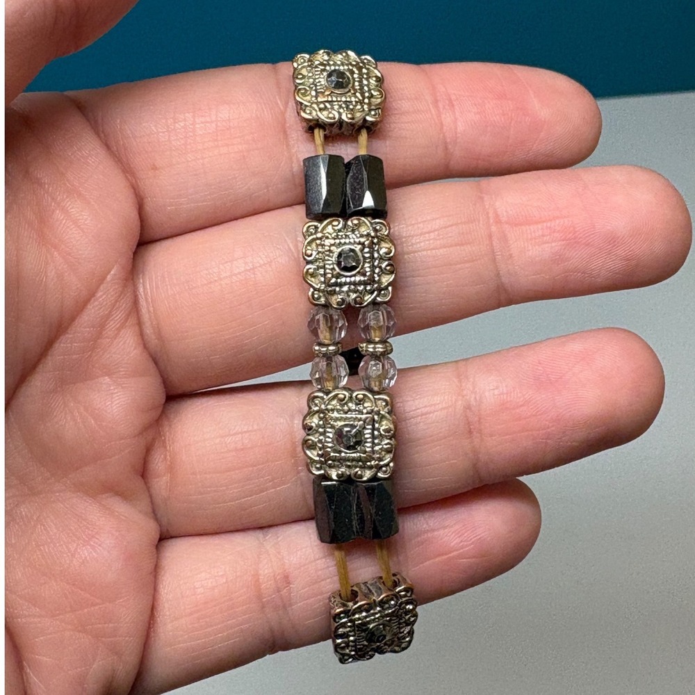 Magnetic Hematite Stretch Bracelet Silver Tone Floral Filigree Crystal Beads